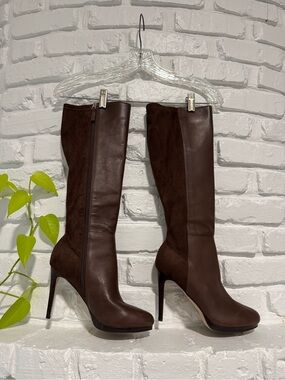 Nine West Dark Brown Leather & Suede Stiletto Knee-High Boots